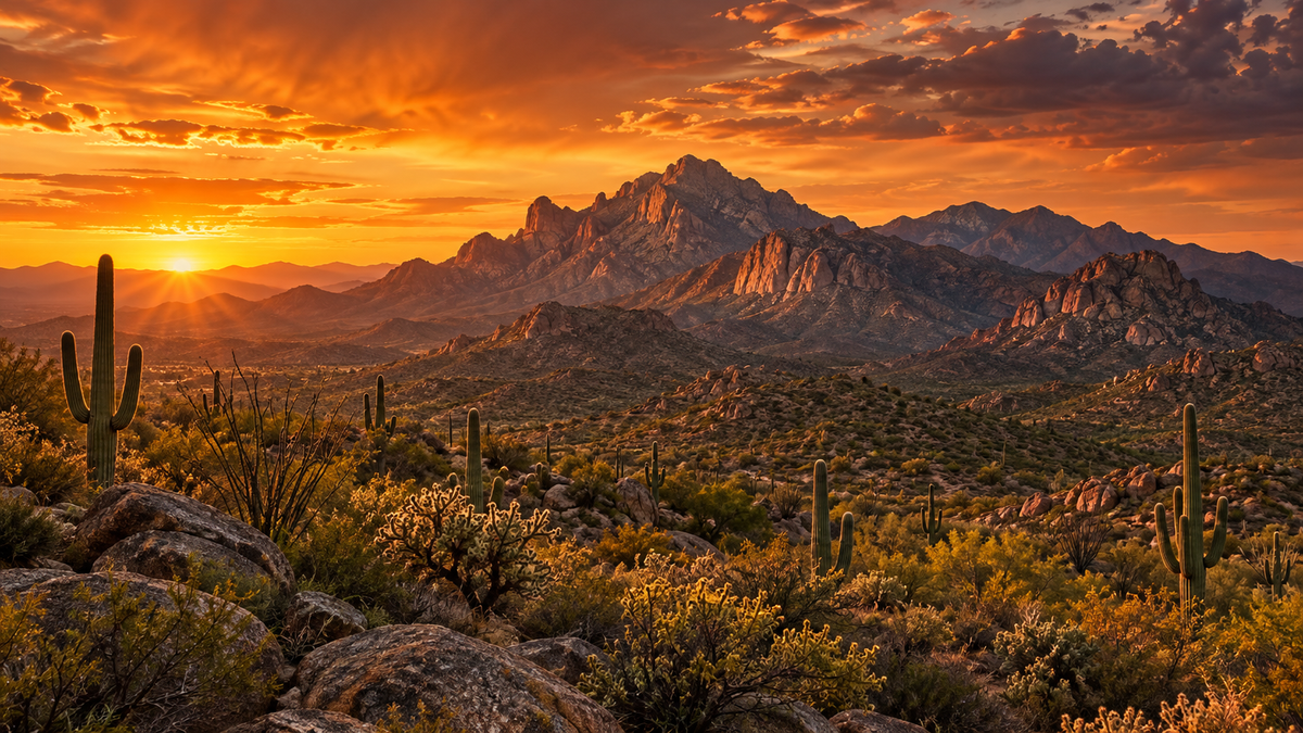 Sonoran Desert mountains and saguaros at sunset